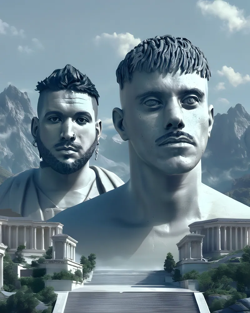 El dúo como bustos de mármol entre templos clásicos